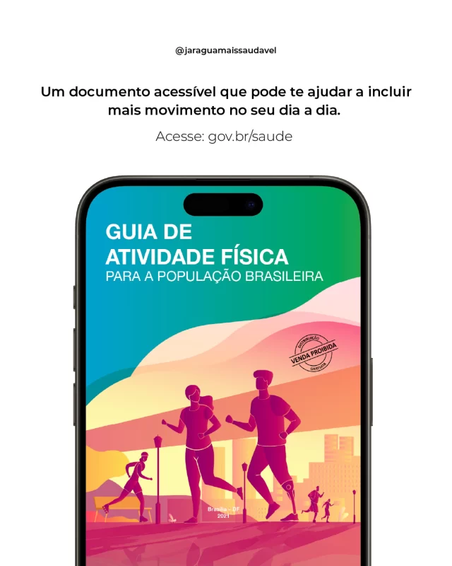 O Guia de Atividade Física para a População Brasileira é um documento do Ministério da Saúde que apresenta, de forma clara e prática, orientações para incluir mais movimento na rotina e viver com mais saúde.O guia mostra que toda atividade física conta, seja caminhar, dançar, pedalar, brincar com as crianças ou praticar um esporte.Além disso, traz recomendações para diferentes fases da vida, desde crianças e jovens até adultos e idosos, incentivando um estilo de vida mais ativo e equilibrado.É uma fonte confiável, gratuita e baseada em evidências, que pode te ajudar a dar os primeiros passos ou continuar caminhando rumo a uma vida mais ativa.📲 Para acessar, basta entrar em: gov.br/saude ou buscar no Google “Guia de Atividade Física para a População Brasileira”#JaraguáMaisSaudável #Mover #AtividadeFísica #Saúde