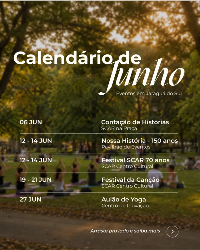 Viver uma vida saudável é, também, aproveitar o que a nossa cidade tem de melhor!O nosso calendário de eventos culturais está repleto de oportunidades para você sair da rotina, reencontrar os amigos e criar momentos inesquecíveis com a família.Afinal, cuidar do bem-estar vai muito além dos treinos e da alimentação, envolve lazer, arte e conexão.👉 Quer saber mais? Para conferir todas as datas, horários e locais, acesse o perfil oficial de cada evento e veja os detalhes de como participar!#JaraguáMaisSaudável #ComerMoverPertencer