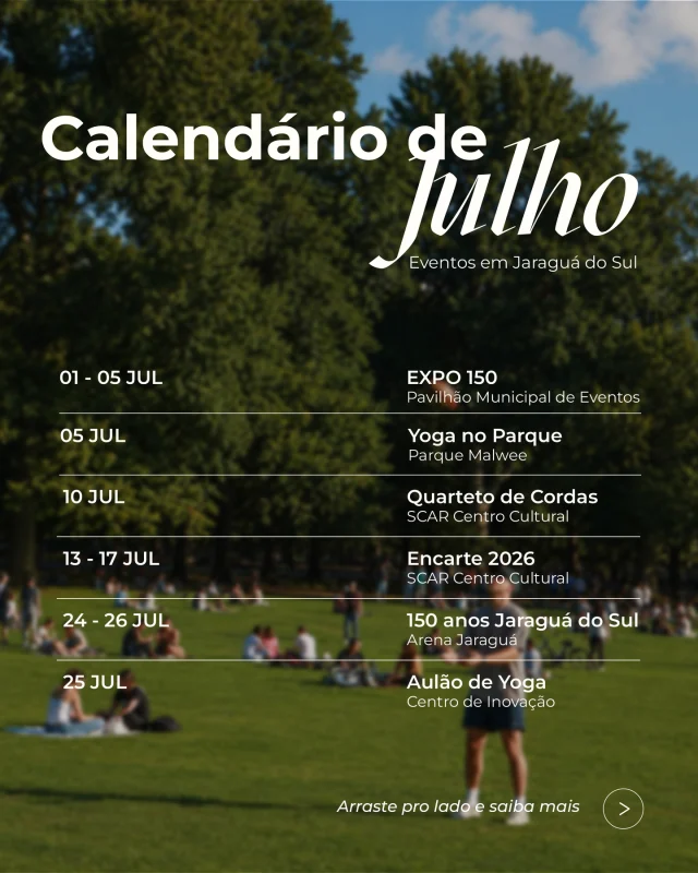 Cuidar da saúde também é viver a cidade!Participar dos eventos culturais de Jaraguá do Sul é uma forma de se movimentar, fortalecer os laços com quem você ama e criar novas experiências. Afinal, bem-estar também se constrói com momentos de lazer, cultura e convivência.✨ Aproveite tudo o que a nossa cidade tem a oferecer!👉 Quer saber mais? Para conferir todas as datas, horários e locais, acesse o perfil oficial de cada evento e veja os detalhes de como participar!#JaraguáMaisSaudável #ComerMoverPertencer